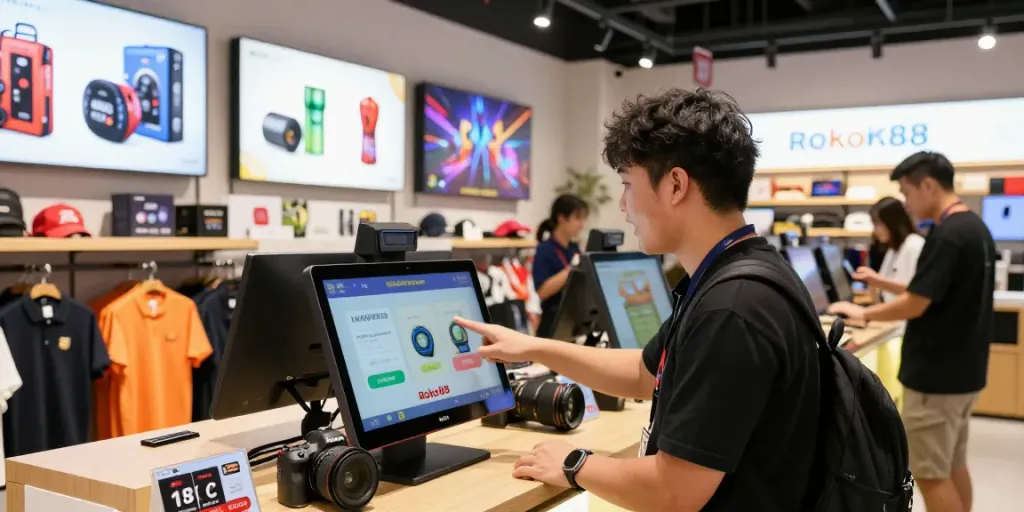 Rokok88 engaging e-commerce scene with dynamic merchandise display and enthusiastic customer.