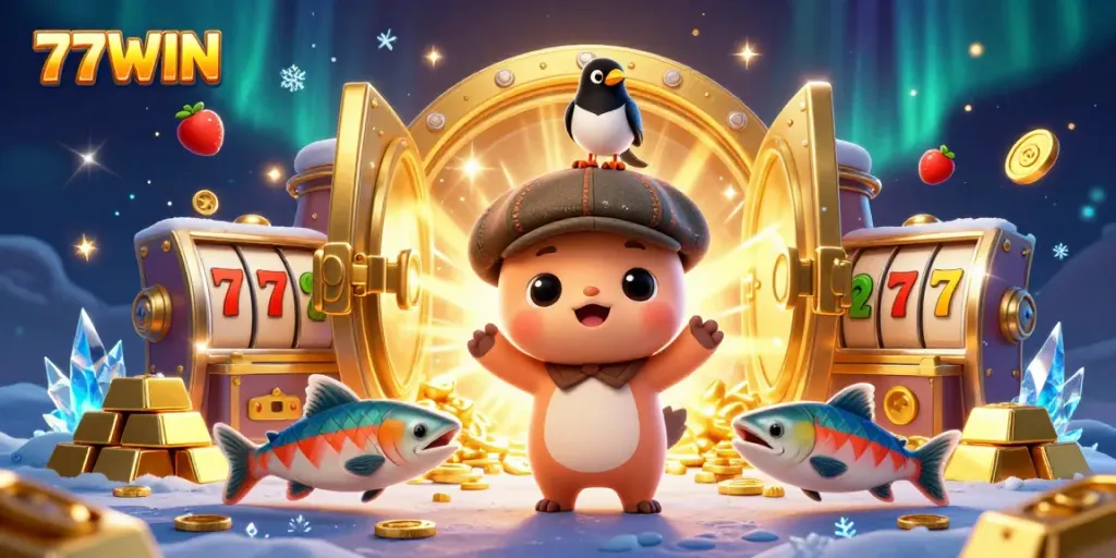 Experience thrilling wins with 77WIN's vibrant 3D casino illustration featuring Nessie and gold treasures.