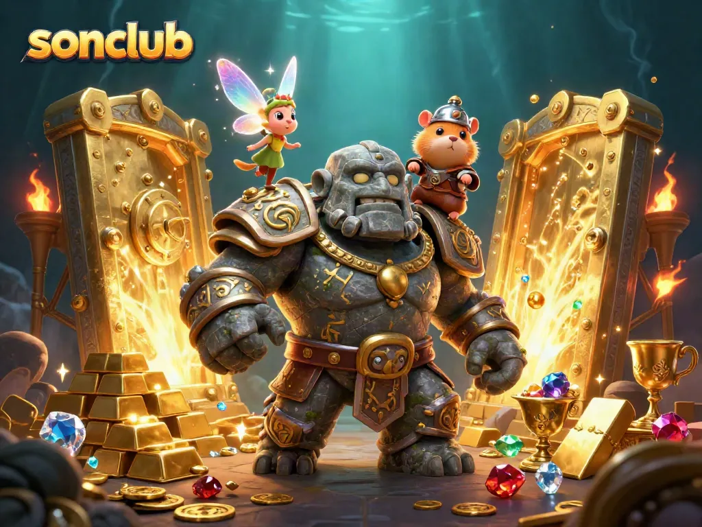 Experience the magic of sonclub with a golem guardian, fairy, and hamster knight in a dazzling treasure scene.