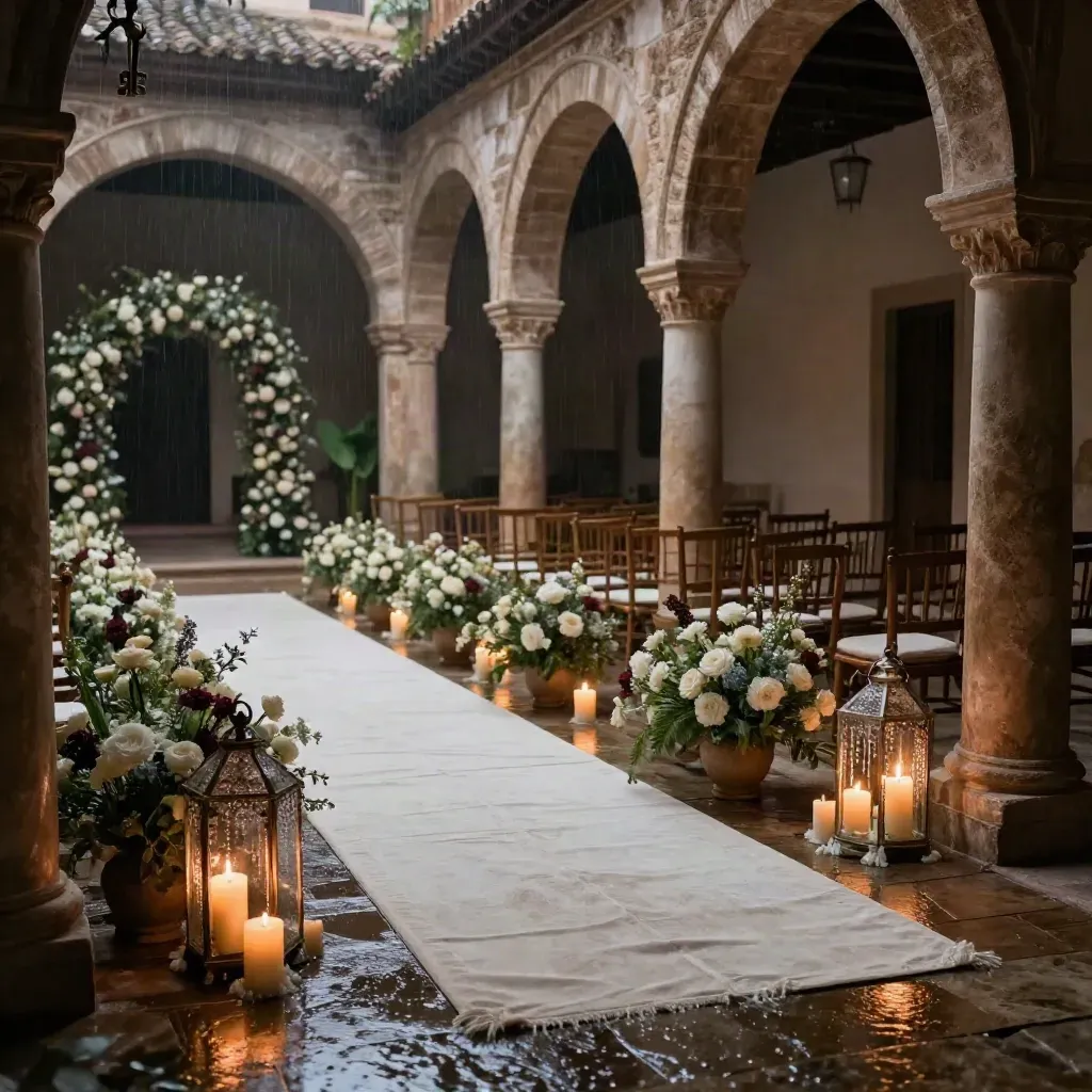 Patio andaluz de boda de lujo con arco de piedra, lino marfil y velas tras la lluvia.
