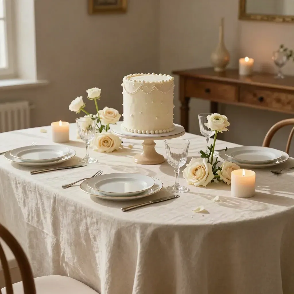 Mesa de comunión decorada con tarta alta, flores suaves, velas y vajilla fina junto a una ventana.