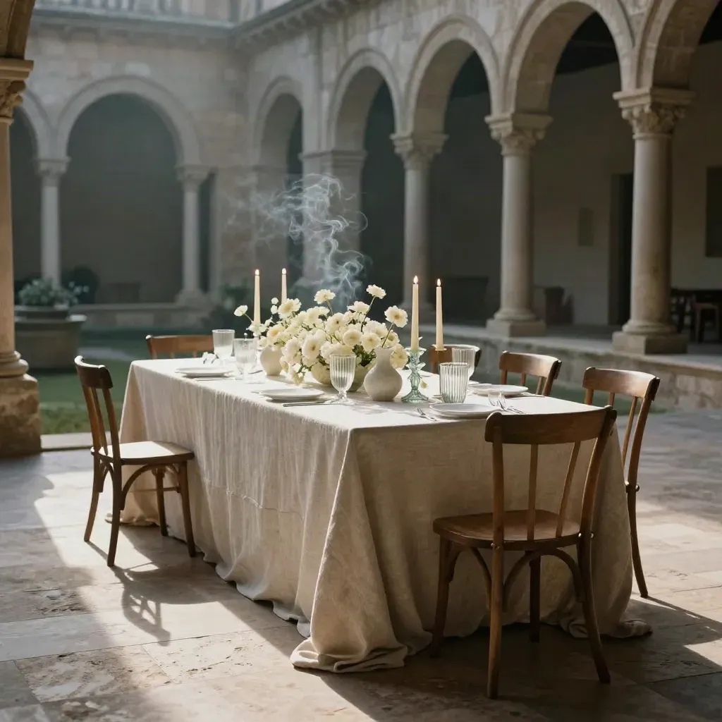Montaje de boda en un claustro de piedra con velas, flores bajas y sillas alineadas.
