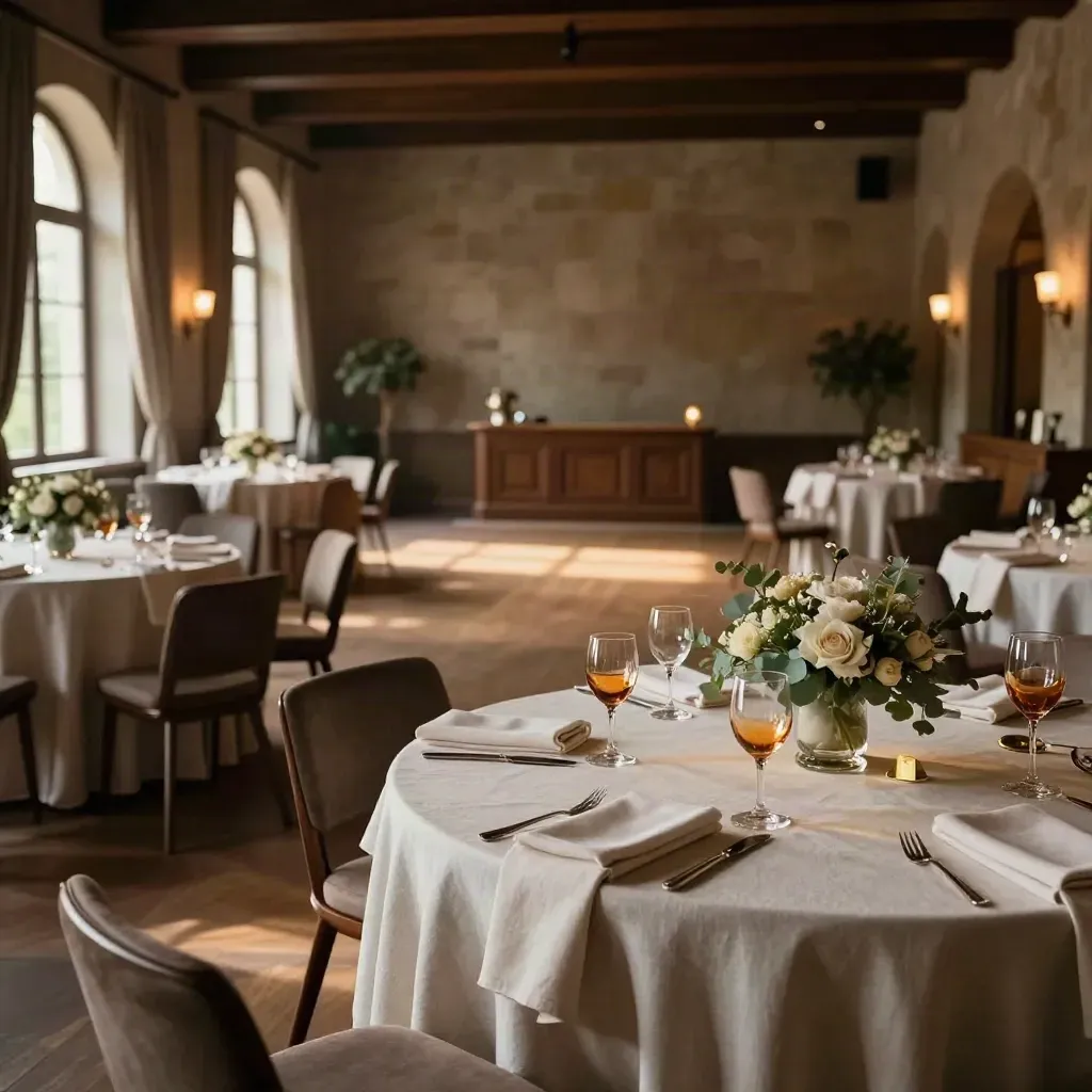 Salón de recepción montado con mesas, flores, copas y pista lista, en luz cálida.