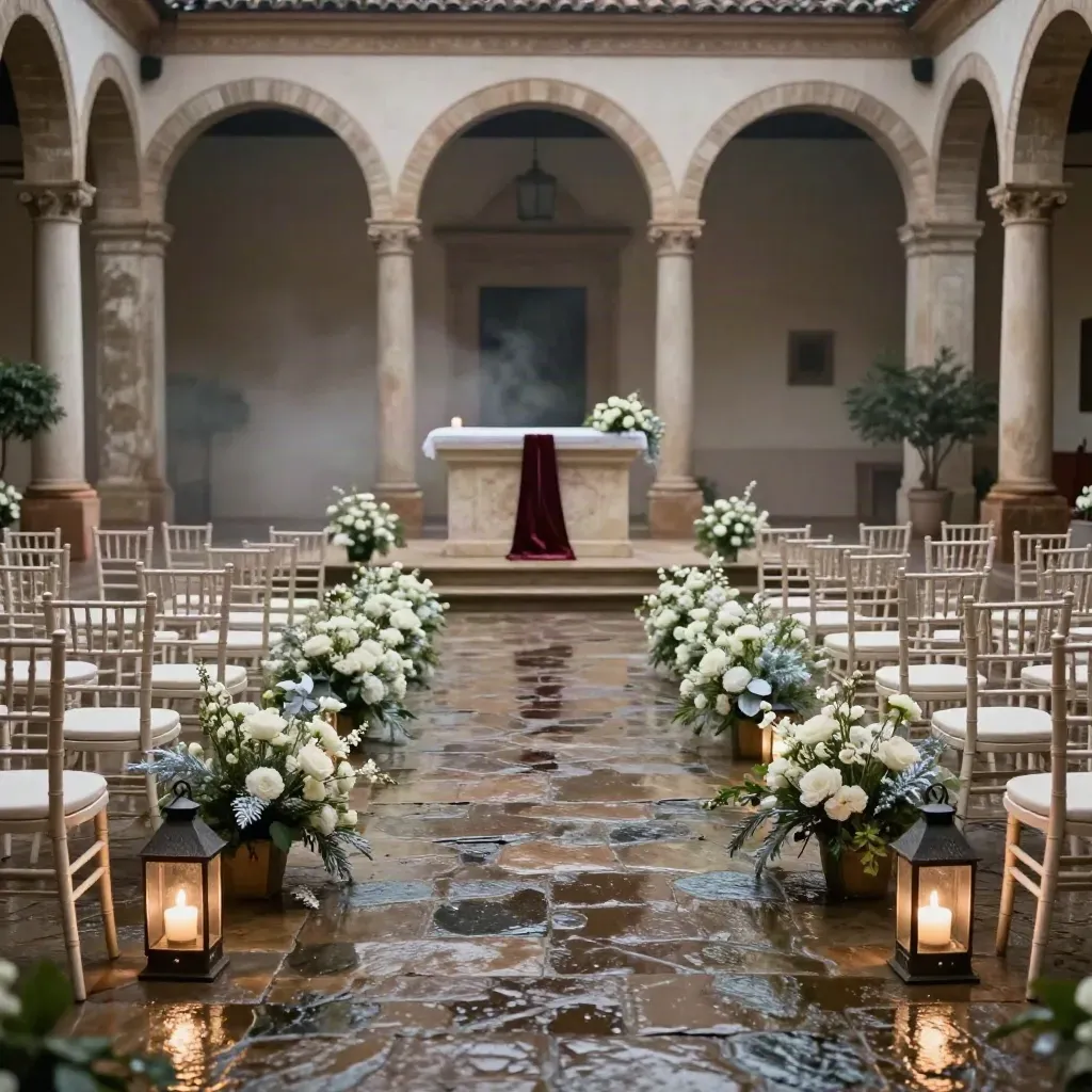 Patio sevillano húmedo para boda de invierno, con faroles, flores blancas y altar de piedra.