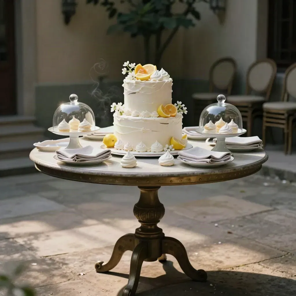Patio luminoso con mesa dulce de comunión, tarta blanca y flores pequeñas.