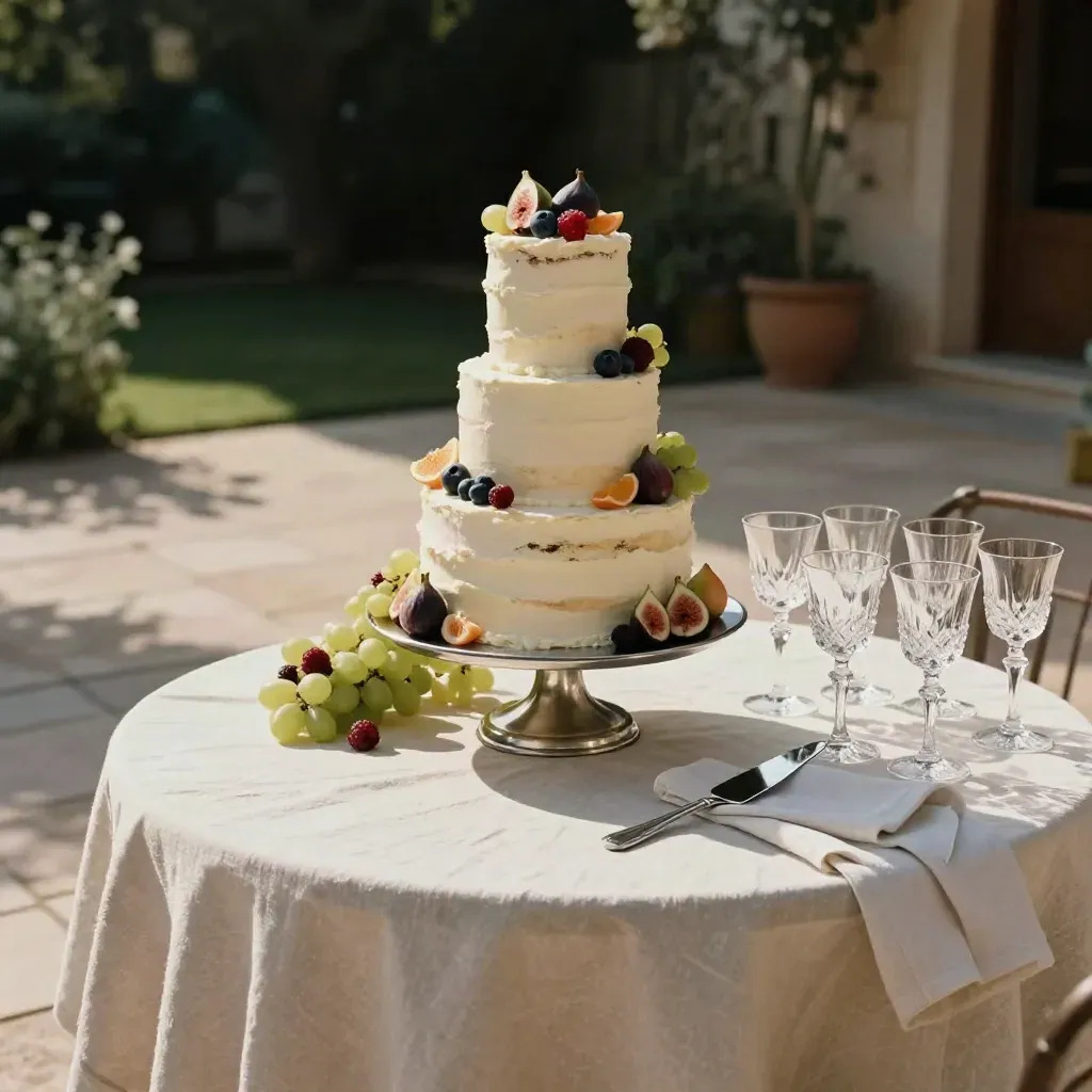 Tarta de cumpleaños de varios pisos, frutas, copas y mesa de jardín vestida en Valencia.