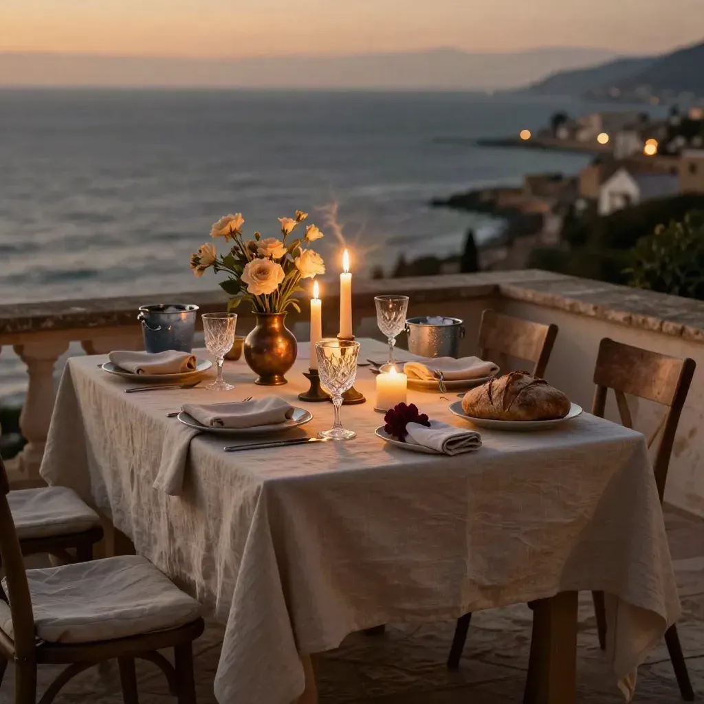 Mesa íntima de aniversario frente al mar en Málaga, con velas, flores, copas y brisa suave.
