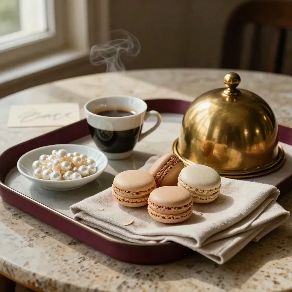 Bandeja de bienvenida con café, macarons, mints y campana de latón sobre lino.