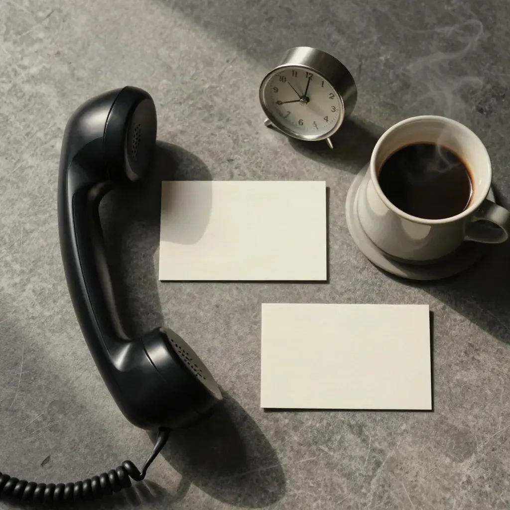 Auricular telefónico, tarjetas, reloj y café sobre piedra, vista cenital elegante.