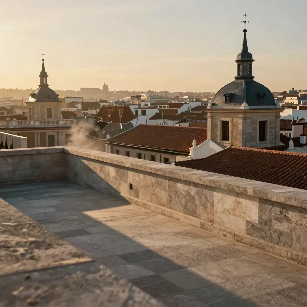 Madrid centro al amanecer, tejados y cornisas con luz cálida y espacio limpio para texto.