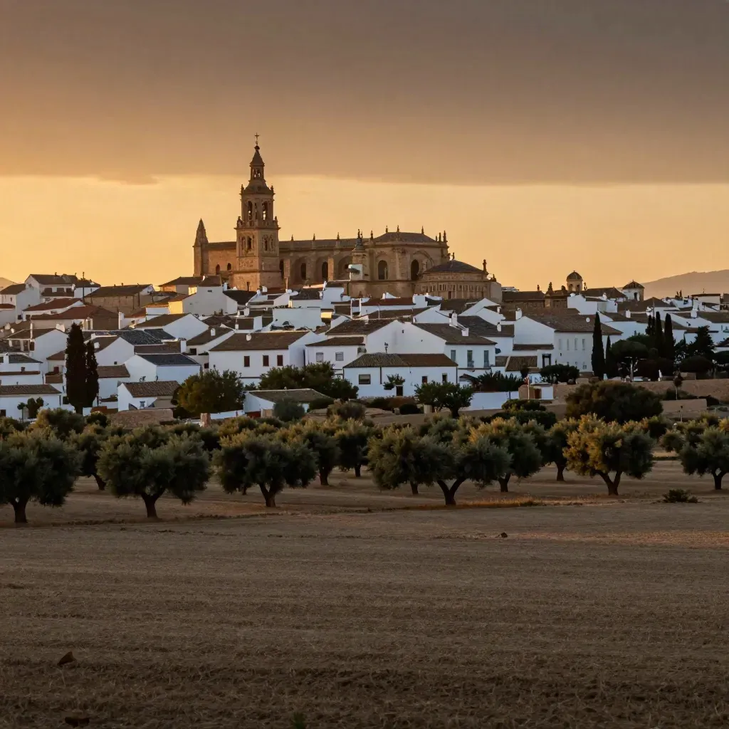 Panorámica dorada de Andalucía occidental con silueta monumental sobre llanura y cielo encendido.