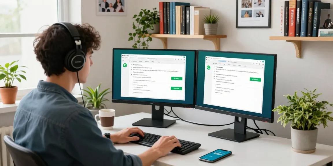 Person using WhatsApp電腦版 in a bright home office with dual monitors, showcasing productive workspace.