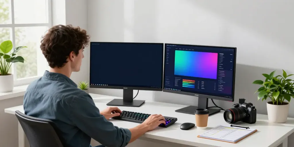 Developer using Wisecare software for PC optimization in a modern workspace.