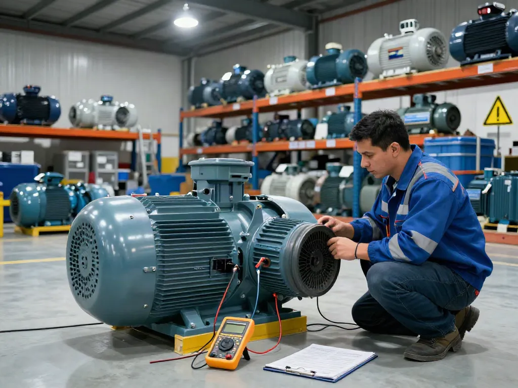 Inspección de motores eléctricos en Venezuela por técnico con equipo de seguridad.
