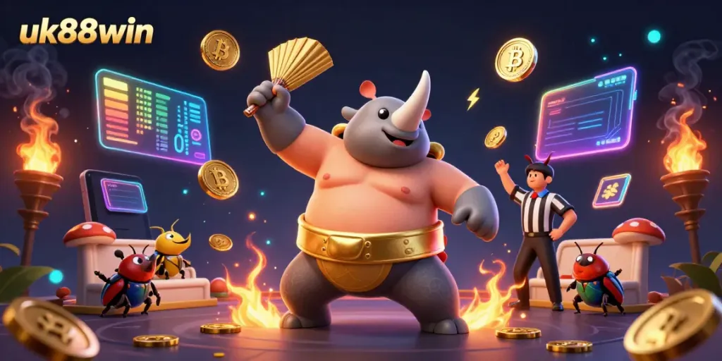 Experience thrilling gameplay at uk88win with a dynamic casino scene featuring a powerful sumo champion and crypto coins in action.