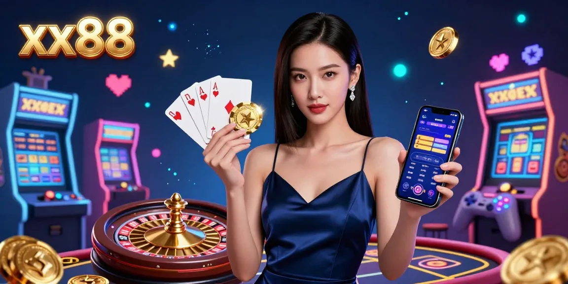 Experience thrilling casino action with xx88 as a stunning Asian woman holds a golden chip and smartphone in a lively gaming scene.
