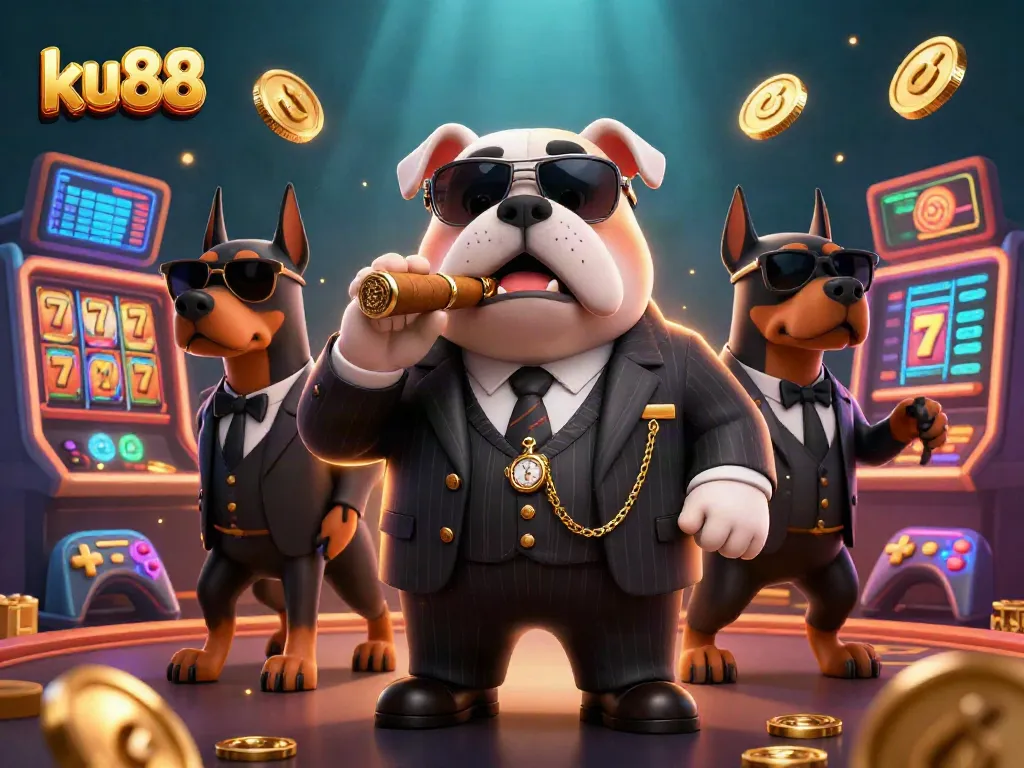 Engage with ku88's casino experience featuring a bulldog boss and Doberman guards in a vibrant slot machine setting.