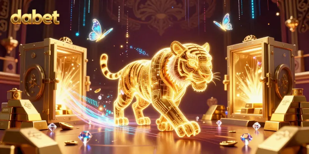 Dabet illuminates vibrant rewards in a digital casino realm with golden treasures and unique characters.