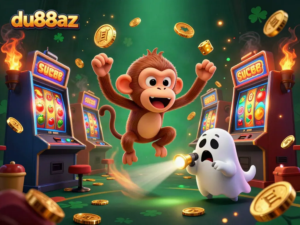 Experience the thrill of du88az with a lively 3D casino scene showcasing a mischievous poltergeist monkey and a curious puppy.