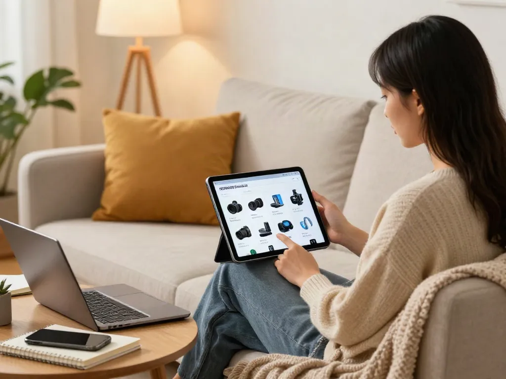 rokok88 login with user browsing electronics on a tablet in cozy home setting
