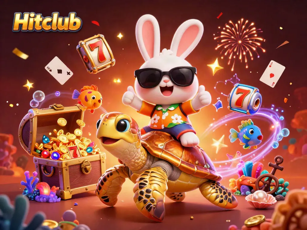 Experience the Hitclub excitement with a lively illustration of a lucky rabbit and golden turtle amidst casino themes.