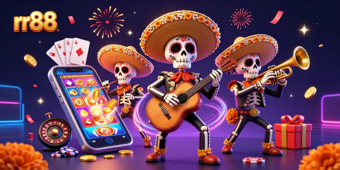 Engage with rr88 gaming featuring a vibrant scene of mariachi skeletons enjoying thrilling slot games and festive elements.