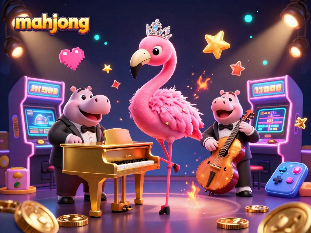 Play exciting mahjong in a vibrant casino scene with cartoon singers and game elements.