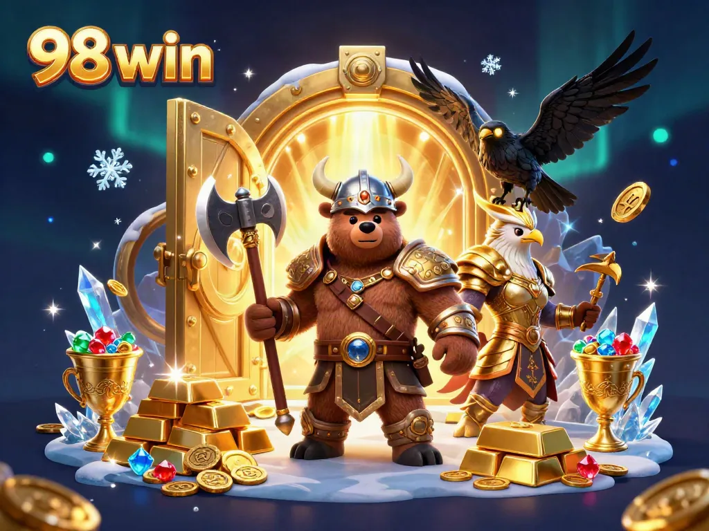 Win big at 98 win with a vibrant 3D casino-themed illustration featuring dynamic game elements and characters.