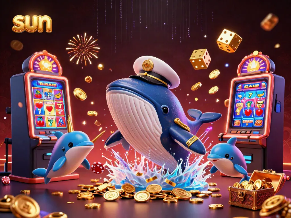 Engaging scene of a 3D cartoon whale and friends celebrating jackpots, showcasing exciting casino action under the sun.