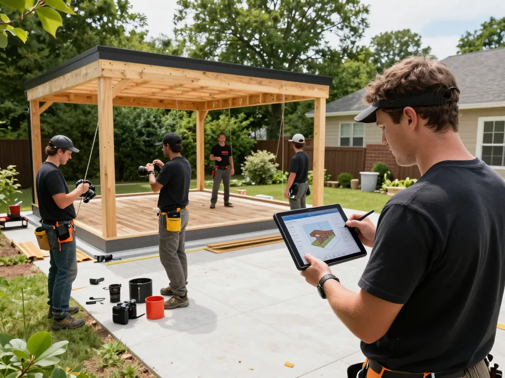 Equipo de instalación en el lugar utilizando software para instaladores de verandas para proyectos de verandas personalizadas, mostrando colaboración y profesionalismo.