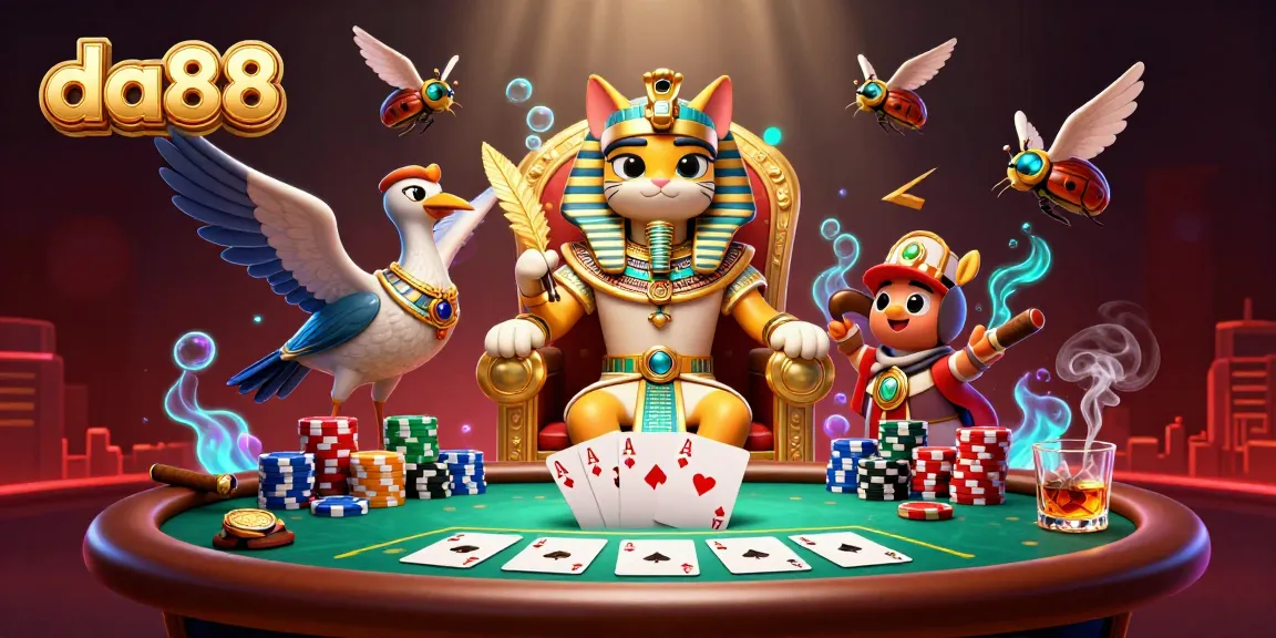 Engaging 3D illustration featuring da88's vibrant poker scene with pharaoh cat and ibis scribe.