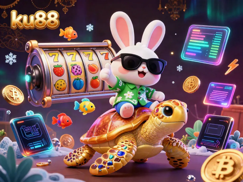 Spin to win at ku88 with an energetic scene of a lucky rabbit and golden turtle surrounded by casino elements.
