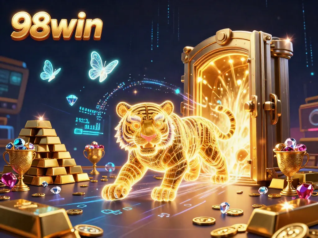 Engage with the vibrant world of 98win in a stunning neon-lit casino scene featuring a dynamic golden tiger and holographic butterflies.