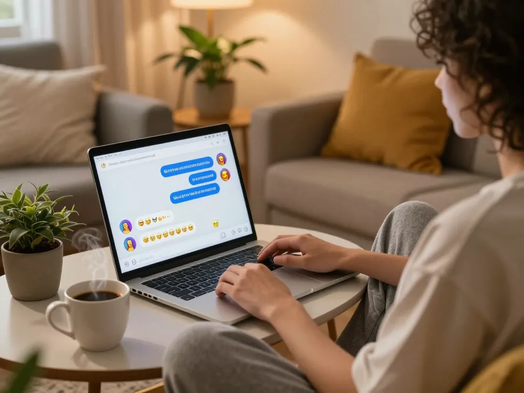 Engaging NSFW chat scene showcasing a relaxed user interacting with an AI chatbot in a cozy setting.