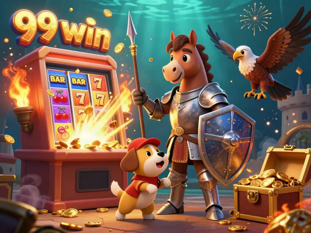 Join the adventure at 99 win with a knight, puppy, and falcon amidst a festive casino explosion.