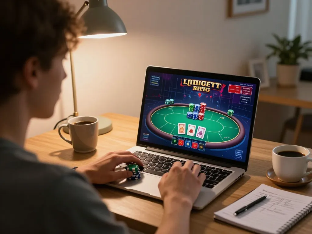 Engaging in dynamic poker gameplay on a laptop, showcasing llwin online gaming comfort