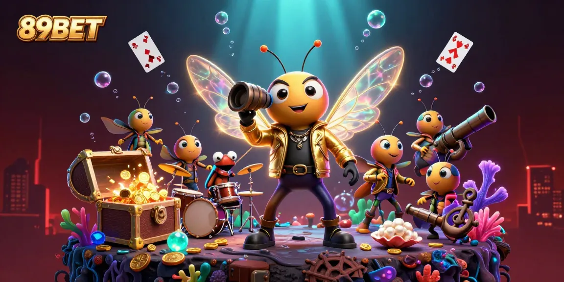 Experience fun with 89BET's thrilling casino games alongside vibrant cartoon characters and treasures.