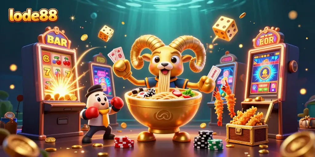Engage with lode88's dynamic casino scene featuring vibrant characters and a jackpot explosion.