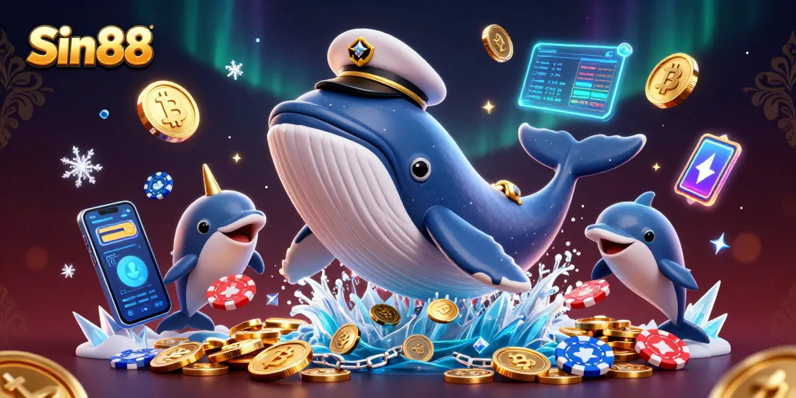 Experience thrilling wins at Sin88 while playful dolphins perform tricks with poker chips in a lavish casino scene.