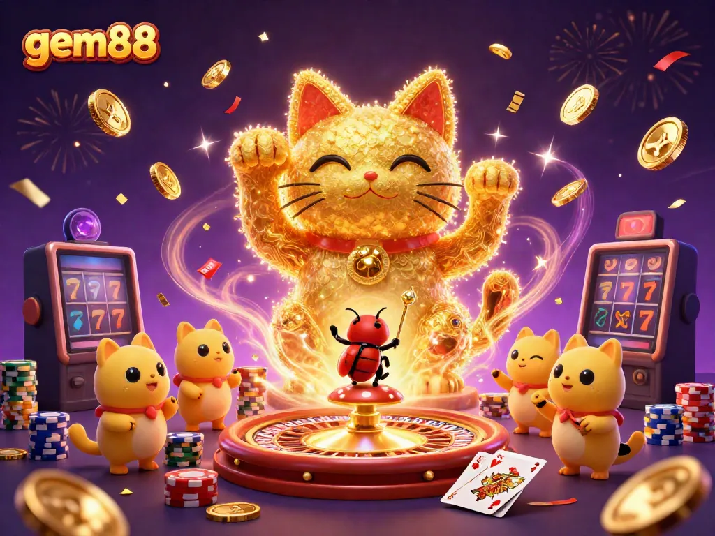 Experience excitement with gem88's dazzling lucky cat illustration amidst vibrant casino elements.