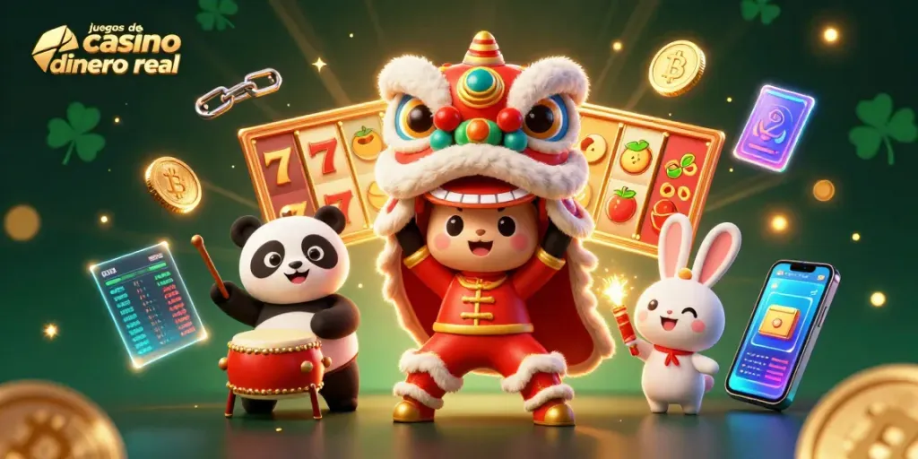 Disfruta juegos de casino dinero real con una animación vibrante de leones y pandas en acción.