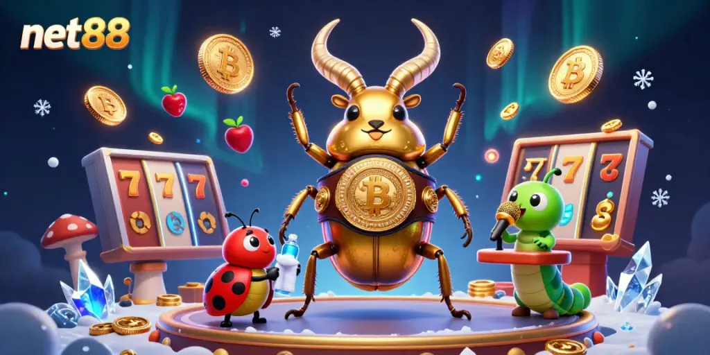 Engage in exciting gameplay at net88 with a vibrant illustration of a boxing beetle amidst casino elements.