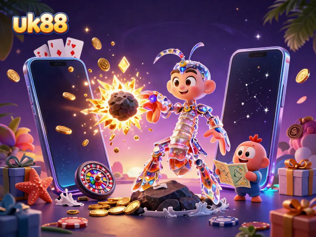 Engage in thrilling slot games at UK88, where a vibrant 3D scene showcases adventures and winning opportunities.