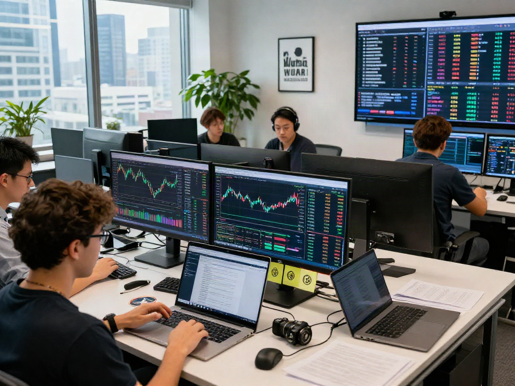 Un entorno de intercambio de criptomonedas con personas analizando gráficos y datos en un ambiente moderno y dinámico.
