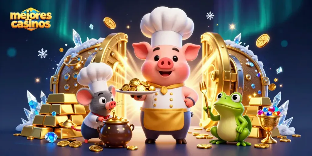 Comparando los mejores casinos, chef cerdo presenta monedas de oro en un escenario dinámico.