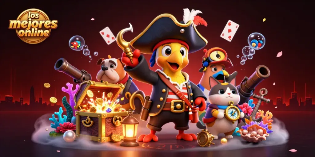 Descubre los mejores casinos online mientras juegan con cartas y tesoros en una escena vibrante.