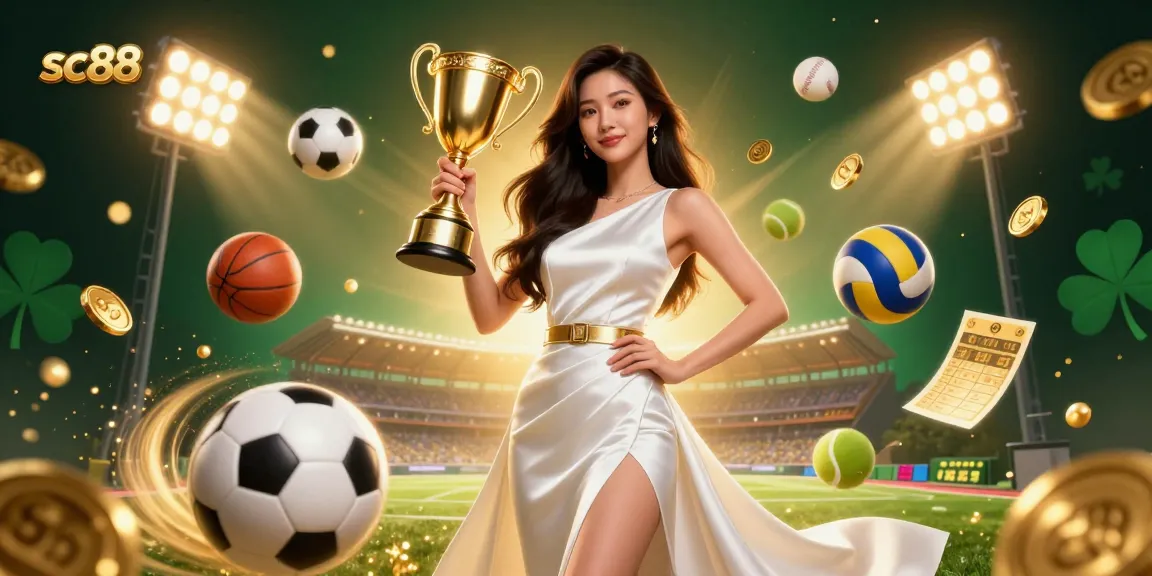 Experience sports betting excitement with sc88, featuring a victorious Asian woman and dynamic sports elements.