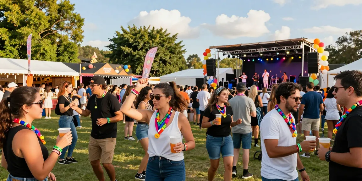 Attendees with pulseras de tela con chip personalizadas enjoying a vibrant festival atmosphere, showcasing live music and community.