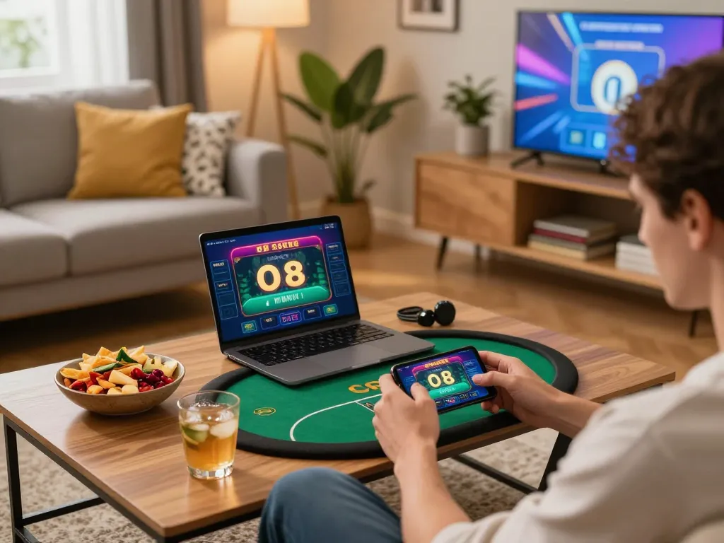 Player enjoying O8 mobile casino gaming on their smartphone in a cozy living room.