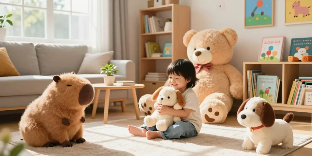 Una niña feliz jugando con muñecos de peluche en Juguetes Ya, rodeada de juguetes adorables en una sala acogedora.
